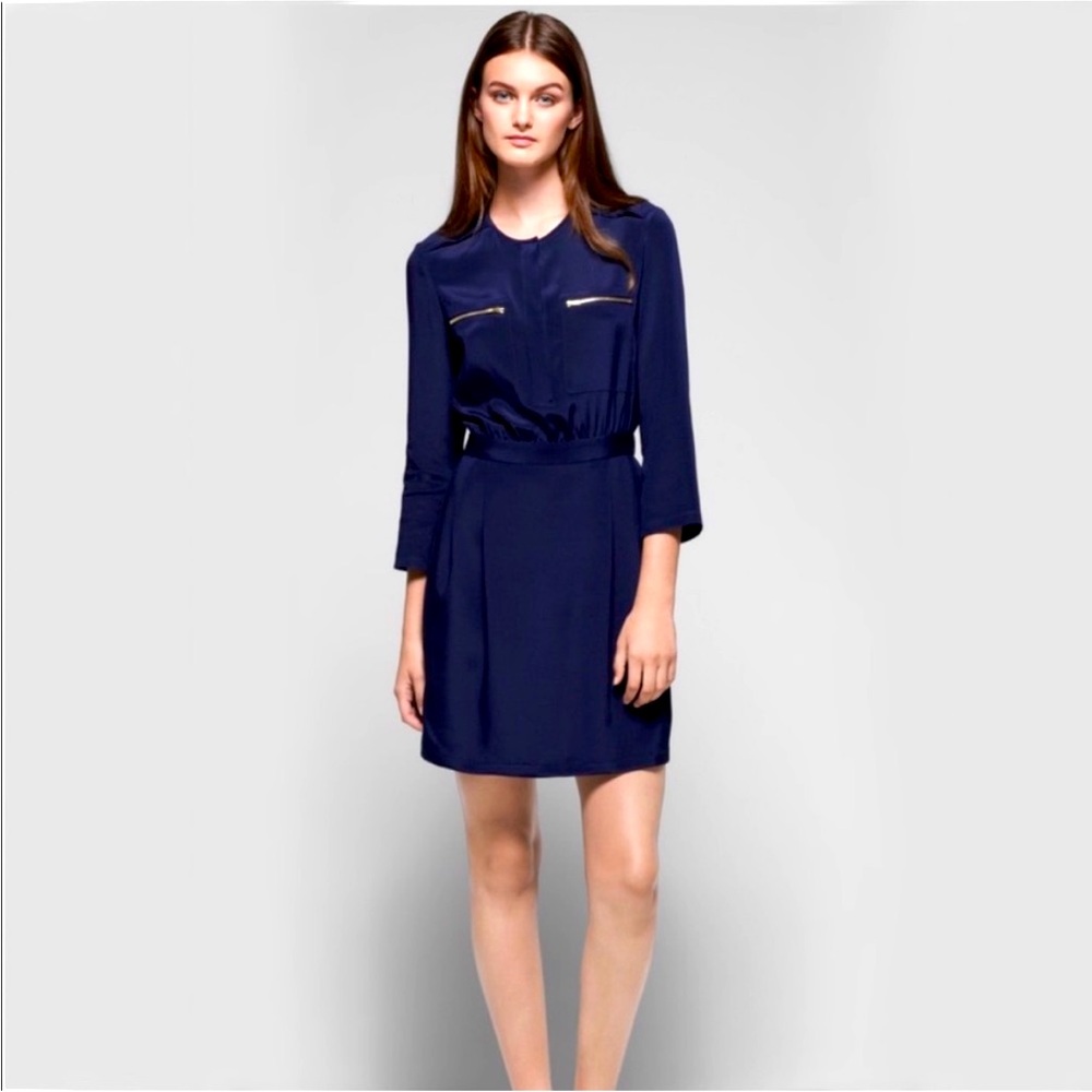 Theory Brunella Zip-Pocket Basque Stretch Silk Dress Blue Quiet Luxury‎ Sz 6